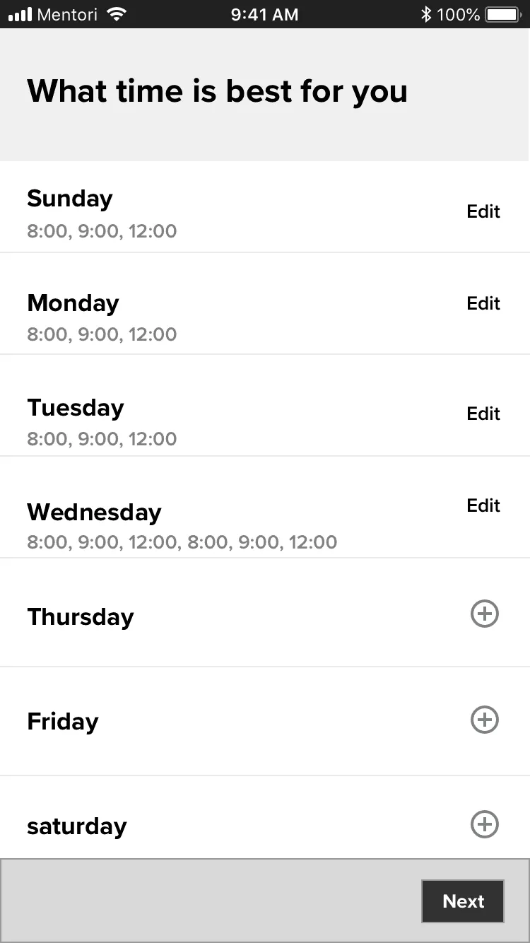 Mentori app screen: my mentors