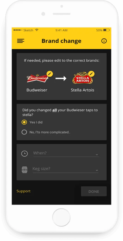 Brand change: confirm a beer keg change detected by sensor