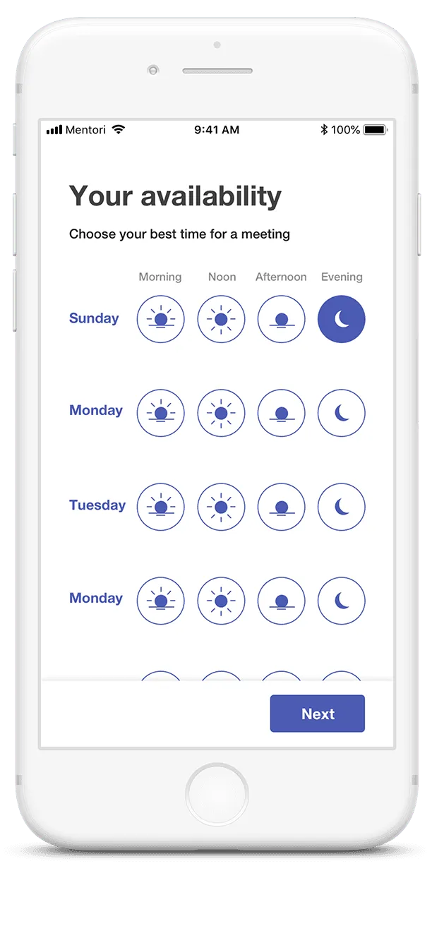 Weekly availability picker by day and time of day