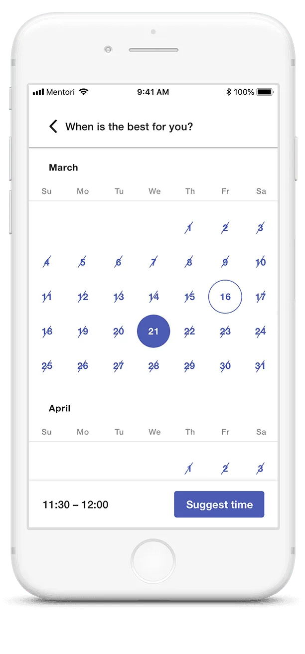 Calendar screen for suggesting a session time